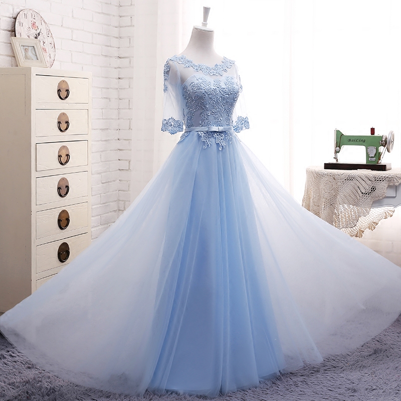 Light Blue Simple Tulle Bridesmaid Dress, Beautiful Blue Prom Gowns