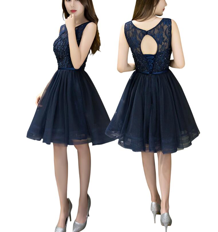 Navy Blue Round Neckline Lace And Beaded Tulle Homecoming Dresses, Cute Party Dresses