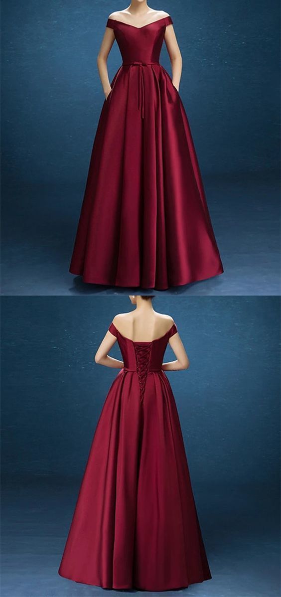 Burgundy Off Shoulder Satin Long Party Dress, Charming Party Gowns