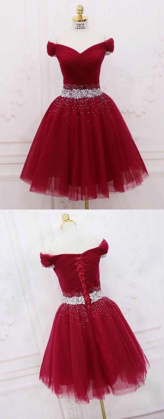 Lovely Wine Red Homecoming Dresses, Off Shoulder Short Senior Prom Dress With Sequins