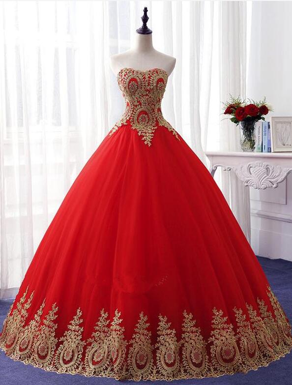 Red Sweetheart Formal Gown With Gold Applique, Charming Prom Dresses 2019