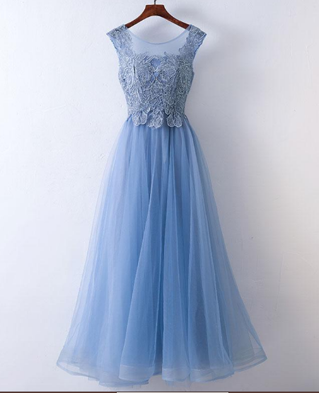 Blue Lace Applique And Tulle A-line Long Prom Dress, Prom Dresses 2019