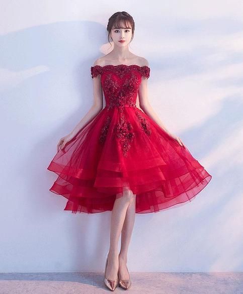 Wine Red High Low Tulle With Lace Homecoming Dress, Charming Prom Dress 2019