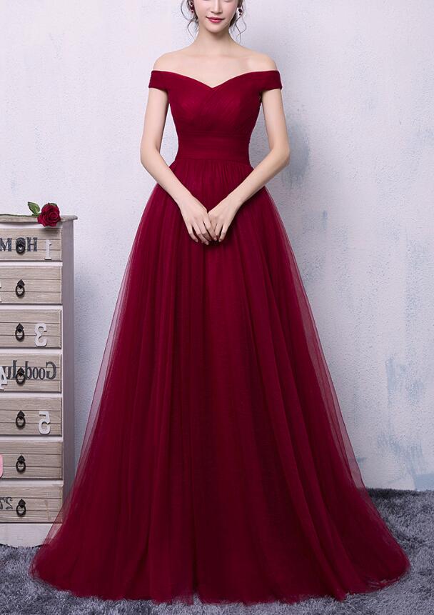 Wine Red Tulle Off Shoulder Long Formal Gown, Charming Prom Dress 2019, Formal Gowns