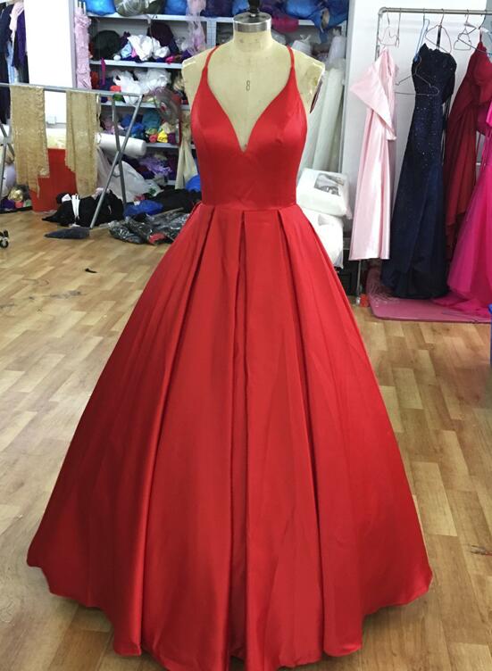 Red Satin Ball Floor Length Straps Cross Back Formal Gown, Red Party Gowns 2019