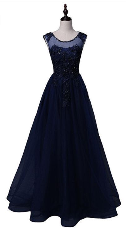 Navy Blue Tulle Elegant Round Neckline With Beadings And Applique, Cute Party Dresses 2019