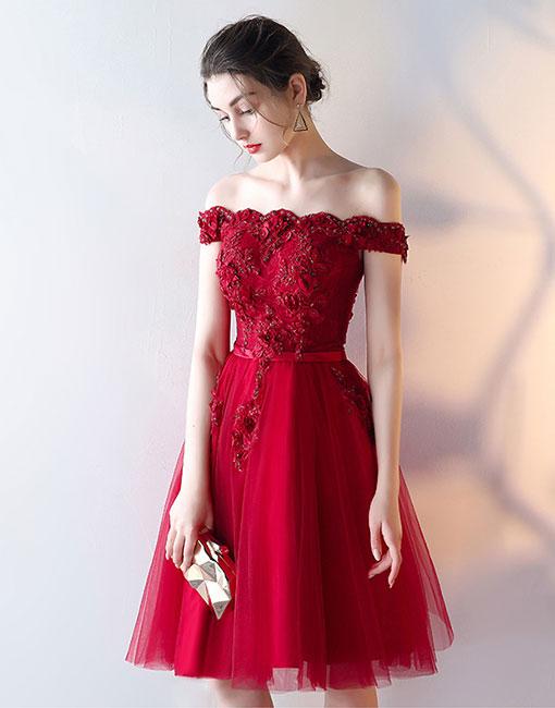 Charming Tulle Wine Red Applique Party Dress, Homecoming Dresses 2019