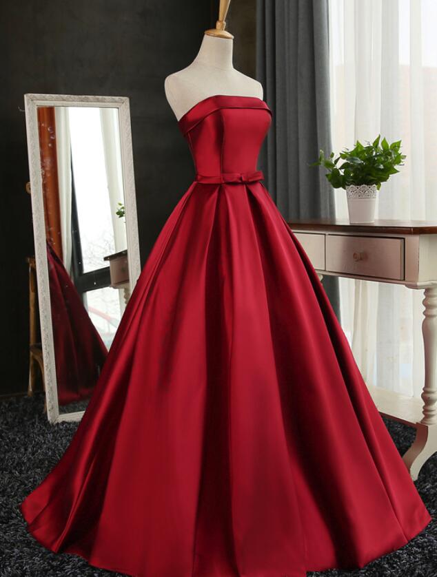 Dark Red Satin Long Prom Dress 2019, Red Formal Gowns For Party