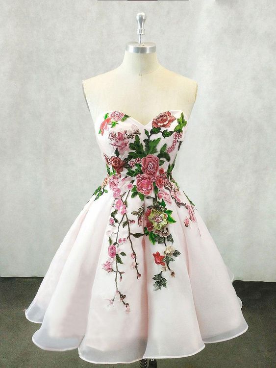 Light Pink Organza Floral Sweetheart Party Dress, Short Homecoming Dresses 2019