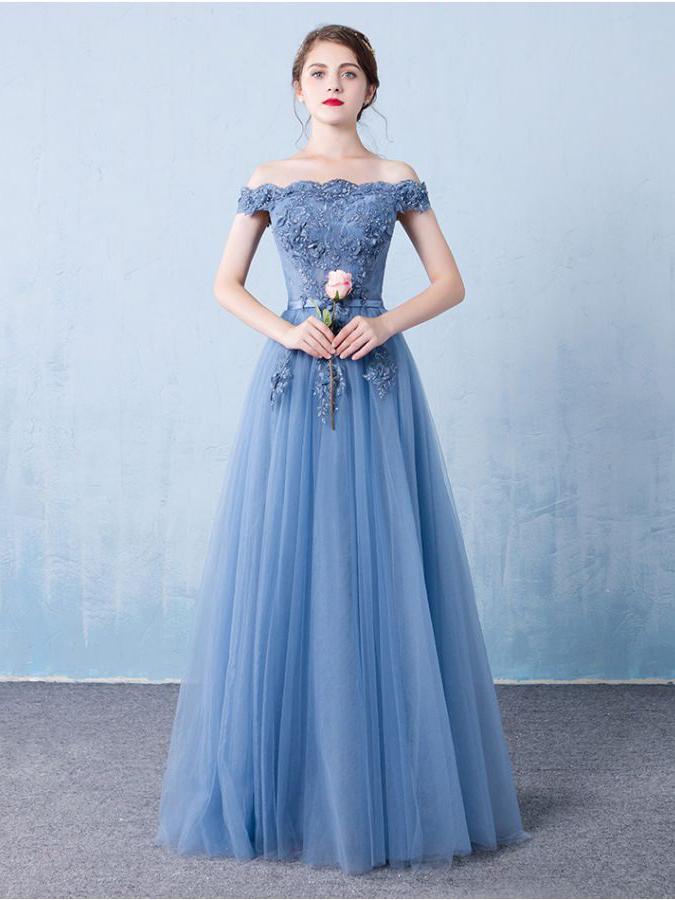 Blue Tulle Elegant Off Shoulder A-line Long Party Dress 2019, Charming Formal Gowns 2019