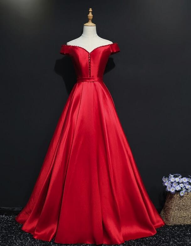 Red Satin Style Off Shoulder With Beaded Long Formal Dress, Red Party Gowns 2019