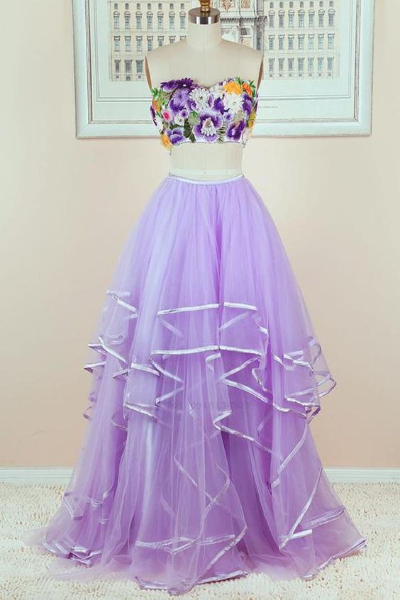 Floral And Tulle Two Piece Lavender Prom Dress 2019, Lovely Party Dresses 2019