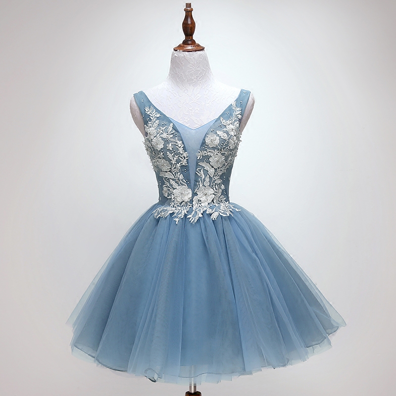 Blue Short Applique Tulle Homecoming Dresses, Lovely Short Prom Dress 2019