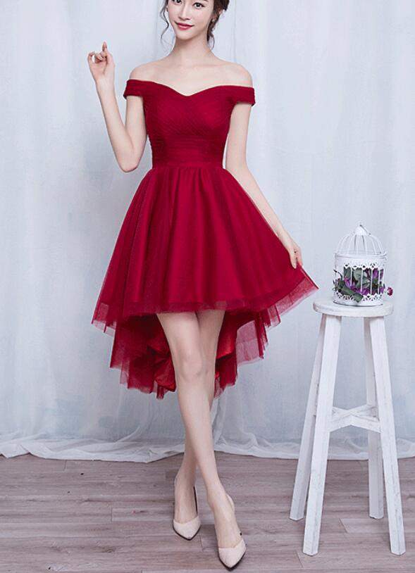 Stylish High Low Party Dress, Charming Tulle Wine Red Formal Dress 2019