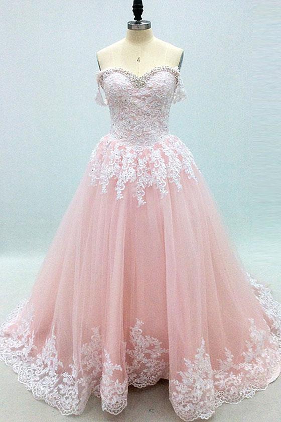 Pink Sweetheart Tulle with White Lace Applique Sweet 16 Gowns, Gorgeous Party Dresses 2019