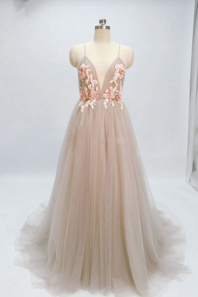 Beautiful Tulle A-line Long Formal Gowns, Prom Dresses 2019, Champagne Evening Gowns