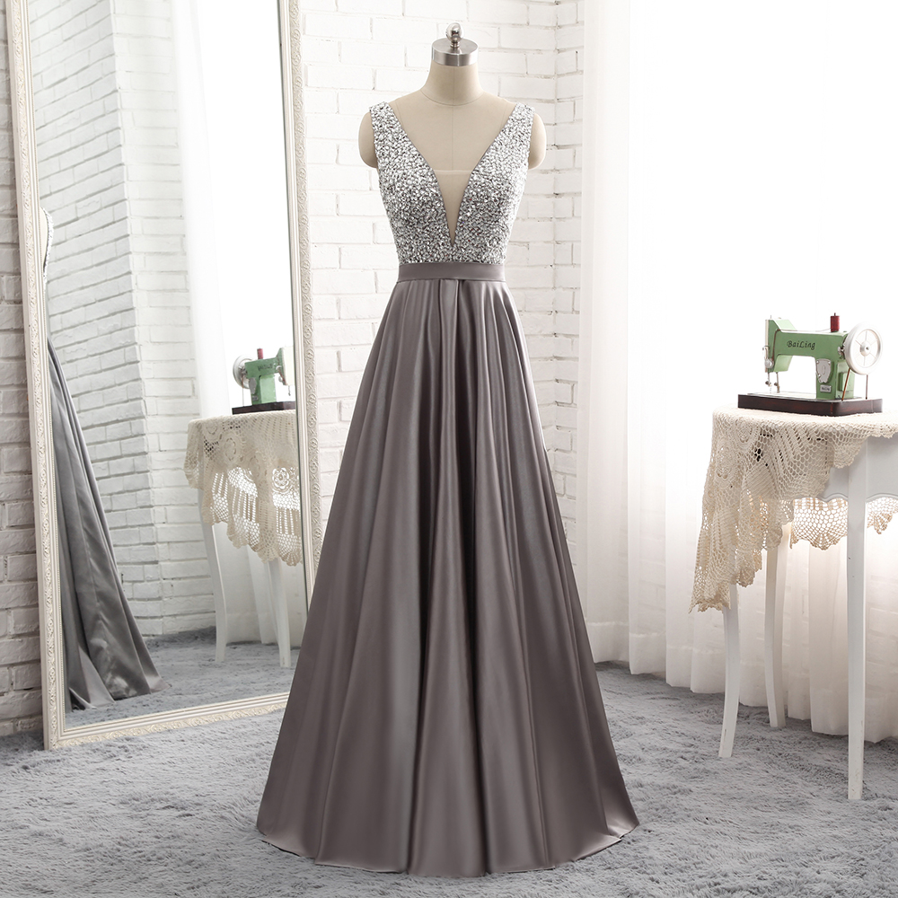Beautiful Grey Satin And Beaded Long Prom Dress 2019, Grey Evening Gowns 2019