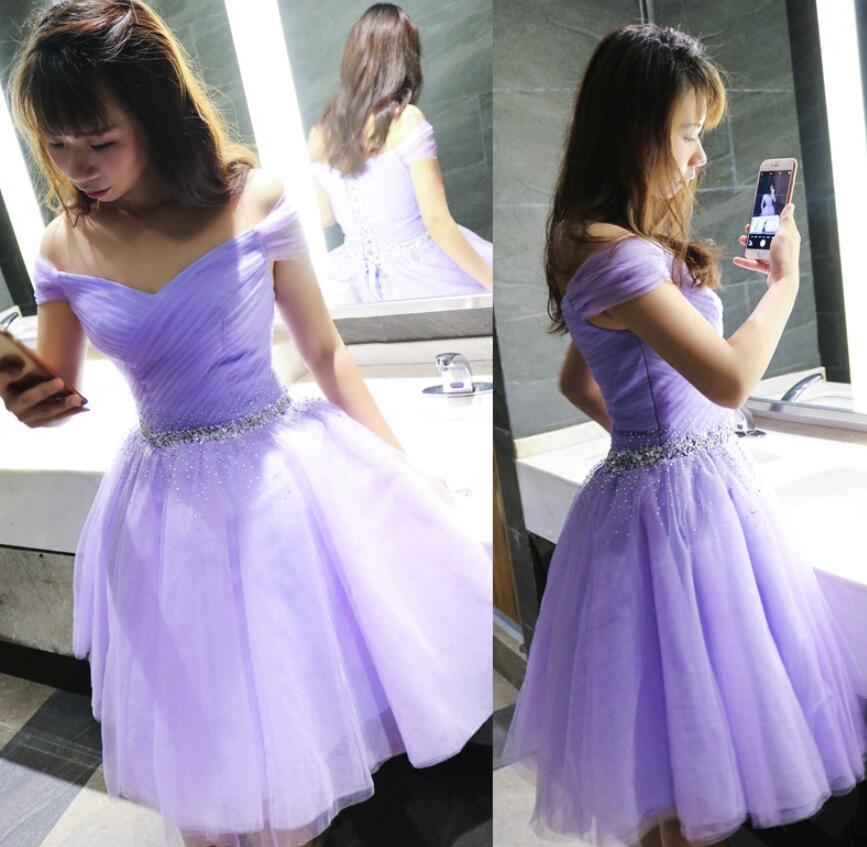Beautiful Lavender Beaded Waist Cute Tulle Party Dress 2019, Short Prom Dresses