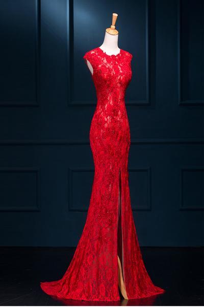 Red Lace Mermaid Long Evening Party Dress 2019, Slit Sexy Formal Gown