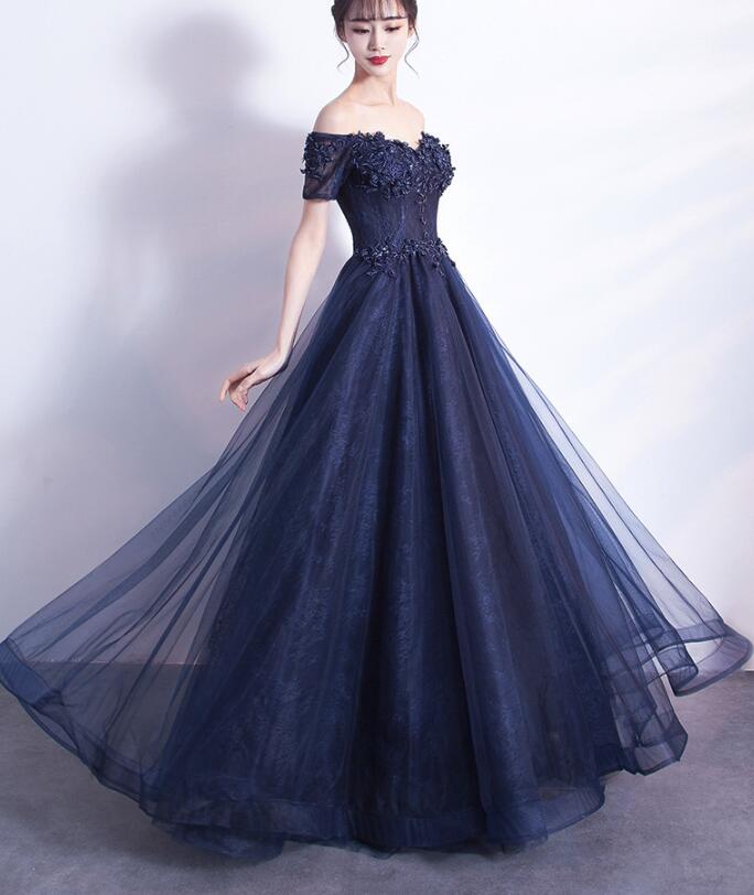 Navy Blue Off Shoulder Lace And Tulle Floor Length Prom Dress 2019, Stylish Evening Gowns