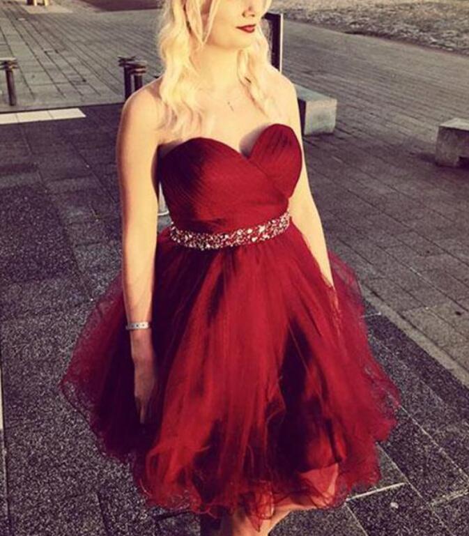 Wine Red Tulle Sweetheart Short Prom Dress 2019, Beautiful Burgundy Homecoming Dress 2019