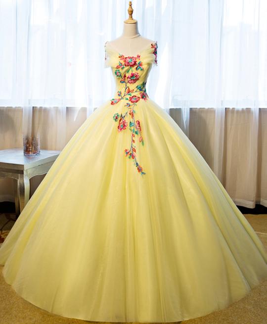 Beautiful Yellow Tulle Long Prom Dress, Sweet 16 Gowns, Yellow Formal Dresses 2019