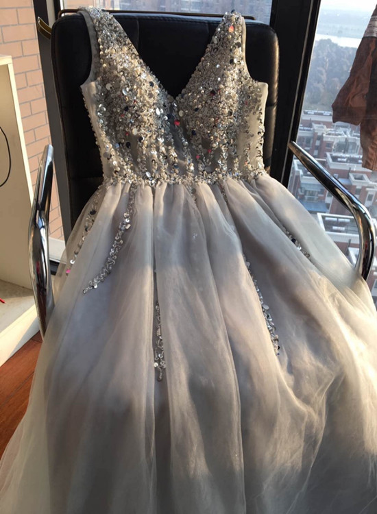 Beautiful Light Grey Beaded Tulle Long Formal Gown, V Back Floor Length Junior Prom Dress