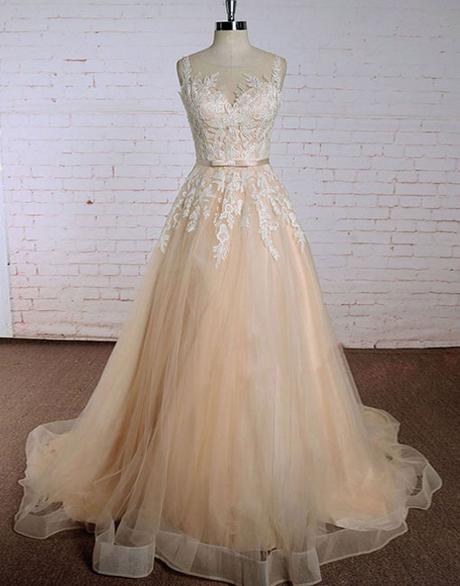 Beautiful Champagne And Tulle Straps Floor Length Prom Dress 2019, Lovely Long Party Gowns