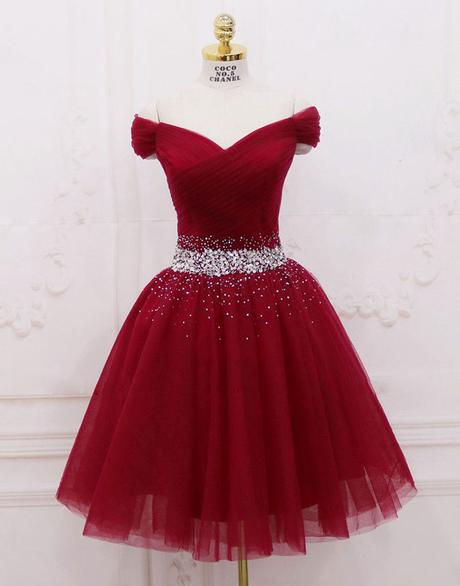Beautiful Wine Red Tulle Knee Length Formal Dress, Off Shoulder Short Party Dress 2019