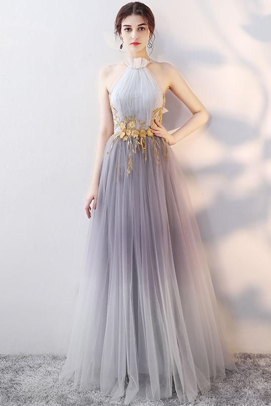 Halter Grey Gradient Long Tulle Party Dress, Beautiful Gowns