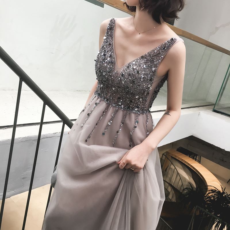 Grey Sequins Beaded V-neckline Tulle Formal Dress 2019, Grey Party Gowns, Prom Dresses 2019