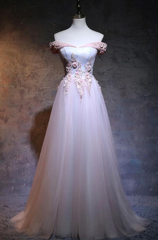 Light Pink Tulle With Lace Applique Off Shoulder Prom Dress 2019, Long ...