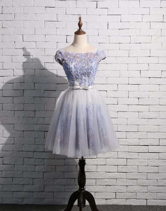 Grey Tulle Short Prom Dress 2019, Lovely Tulle Knee Length Formal Dress 2019