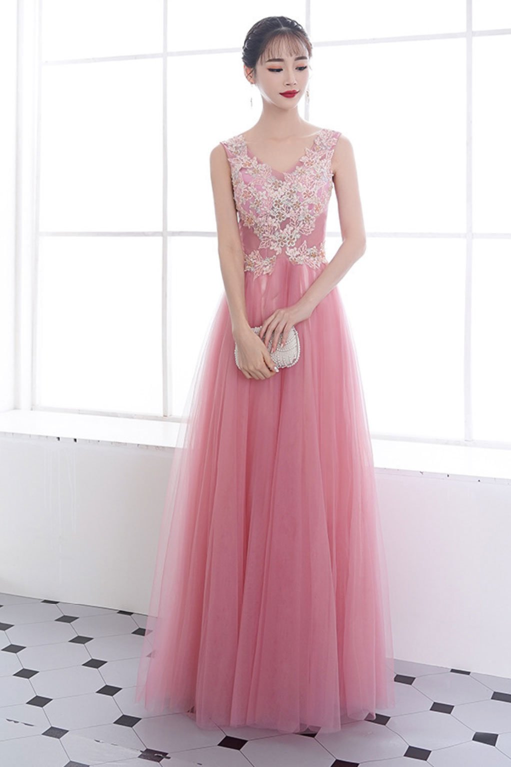 Pink V-neckline Tulle With Applique Long Prom Dress, Pink Junior Party Dress 2019