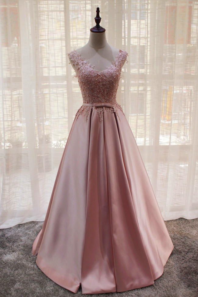 Pink Satin A-line Floor Length With Bow, Satin And Lace Handmade Formal Gown 2019