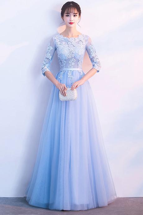 Charming Blue Long Tulle With Applique Evening Gown 2019, Light Blue Prom Dress
