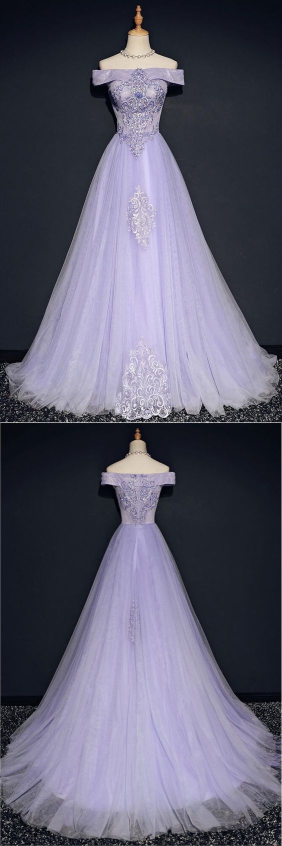 Lavender Off Shoulder Lace And Tulle Party Dress 2019, Cute Long Evening Gowns