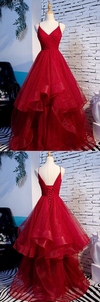 Wine Red Straps V-neckline Floor Length Princess Gown, Beautiful Tulle Party Dress 2019
