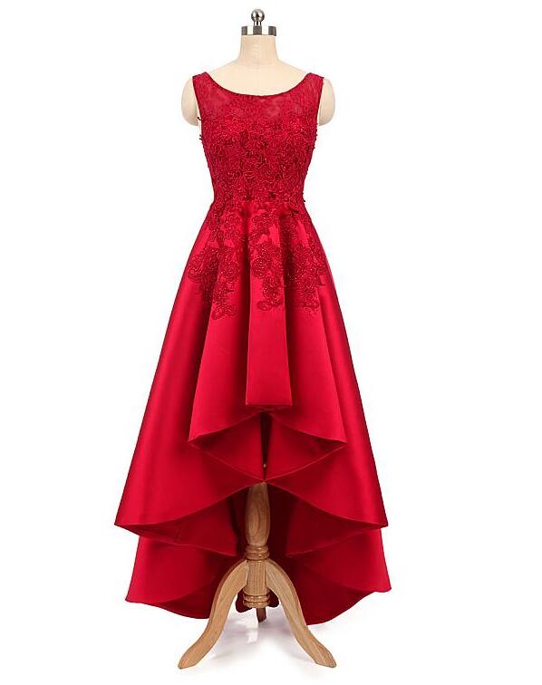 Red Satin High Low Round Neckline Party Dress 2019, Beautiful Red Homecoming Dress