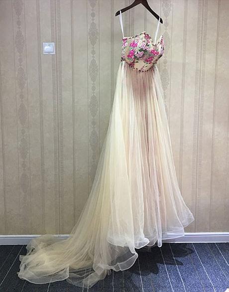 Champagne Tulle Sweetheart Long Party Dress 2019, Tulle A-line Elegant Prom Dress 2019