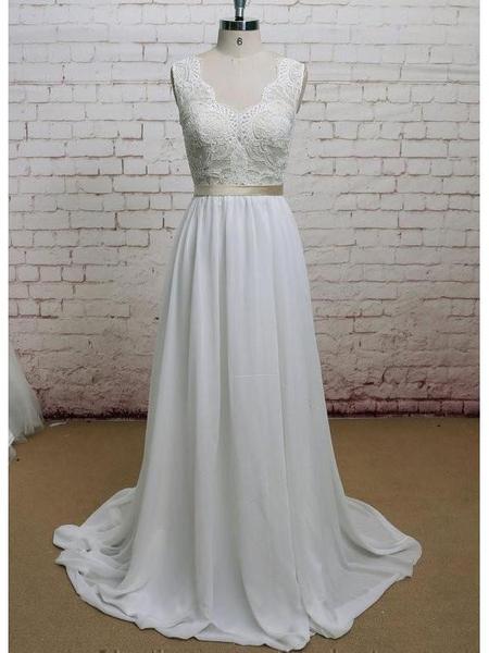 Simple Chiffon And Lace Long V-neckline Party Dress 2019, Beautiful White Beach Bridal Dress