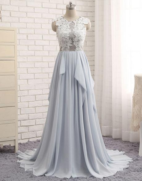Grey Chiffon Round Neckline With Lace Wedding Party Dress, Lovely Formal Dress 2019