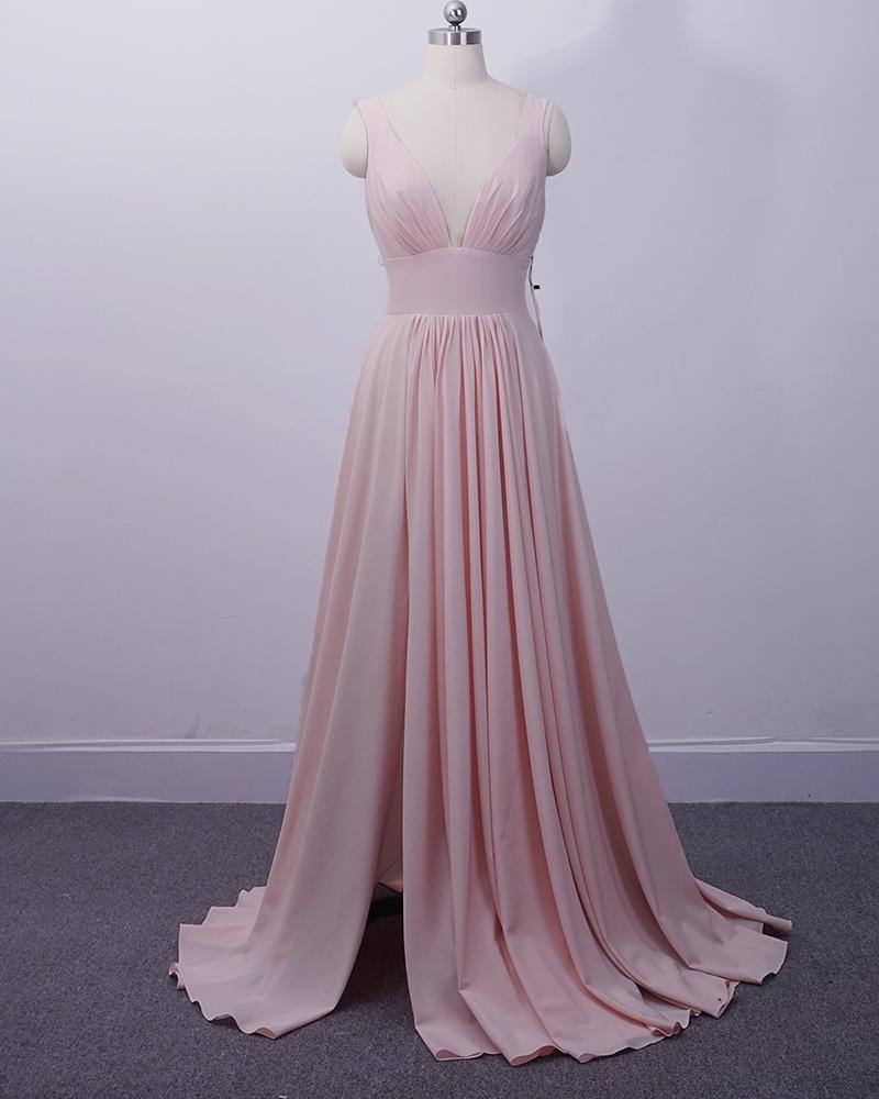 Pink Chiffon Slit V-neckline Prom Dress, Pink Bridesmaid Dress 2019, Sexy Formal Dress