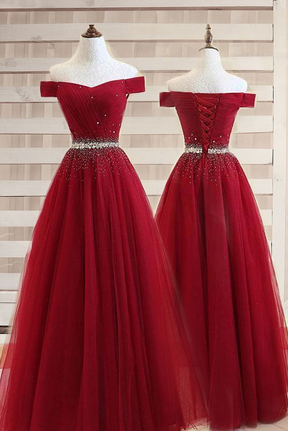 Wine Red Tulle Long Evening Gown, Charming Junior Prom Dresses 2019