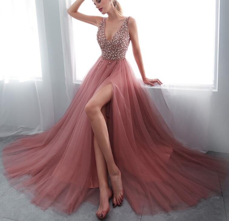Pink Beaded V-neckline Slit Prom Dress 2019, Lovely Tulle Formal Gown