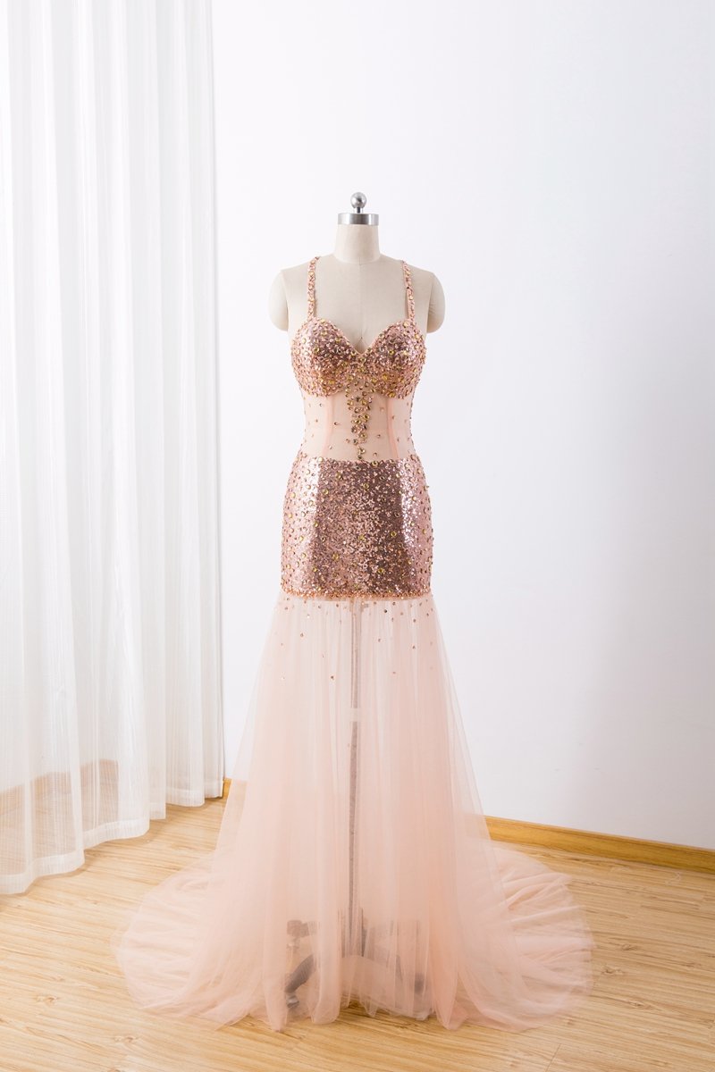 Sexy Gold Sequins See Through Straps Formal Dress 2019, Beautiful Party Gown 2019