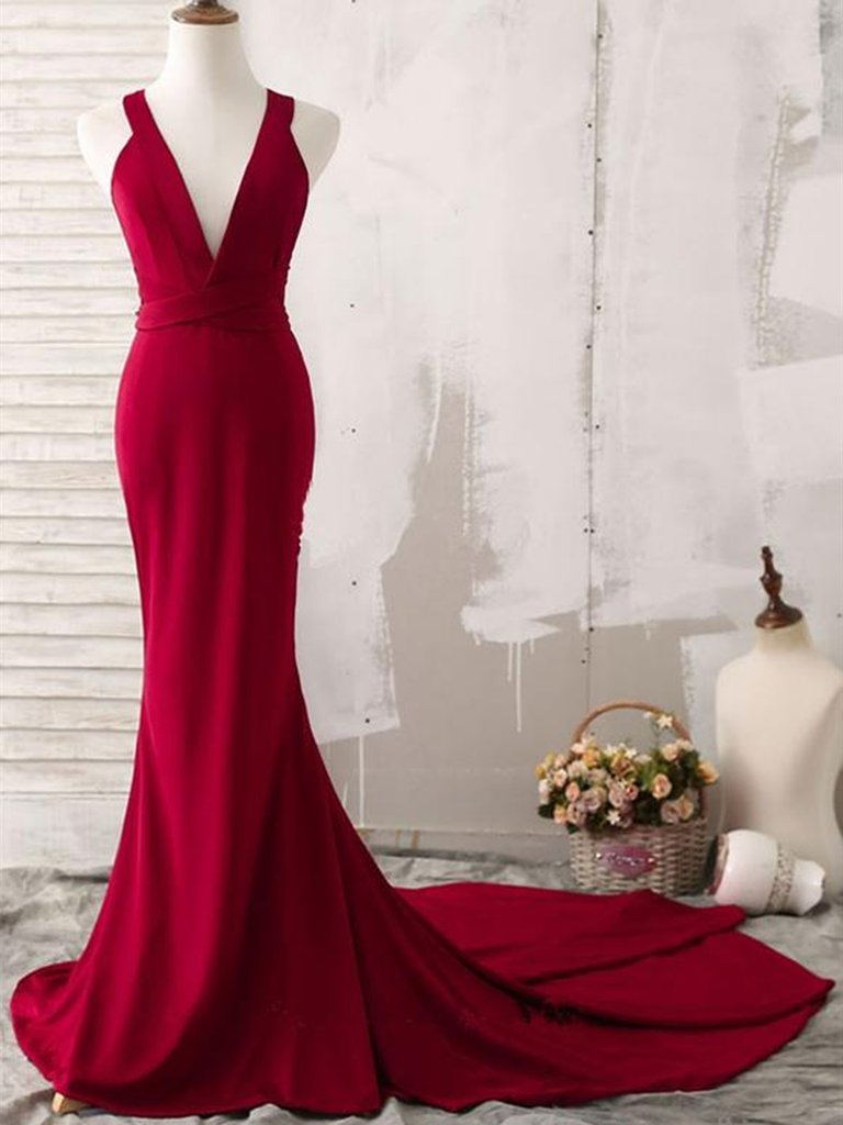 Beautiful Red Mermaid Long Cross Back Party Dress 2019, Beautiful Red Evening Gown