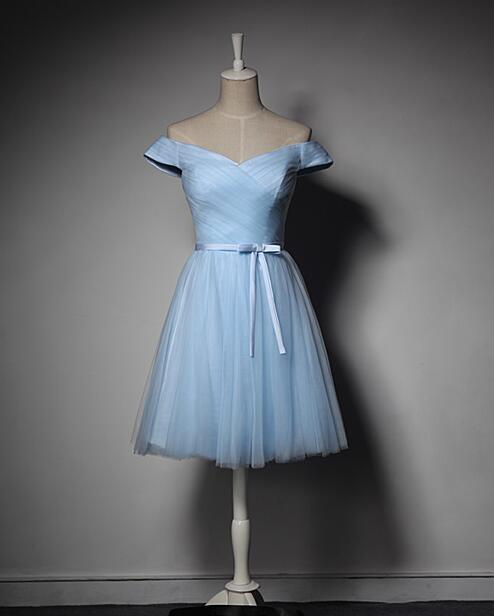 Light Blue Tulle Off Shoulder Knee Length Party Dress, Blue Party Dress 2019