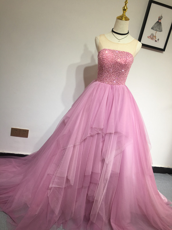 Sweet Pink 16 Dresses, Pink Tull And Beaded Long Party Dress 2019