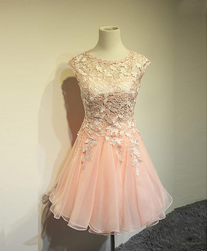 Cute Pink Knee Length Lace Top Party Dress, Women Formal Dress 2019